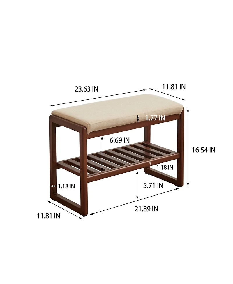 Streamdale (Walnut Color) Solid Wood Shoe Bench, Beech Wood Storage Rack Organizer with High Rebound Sponge Cushion