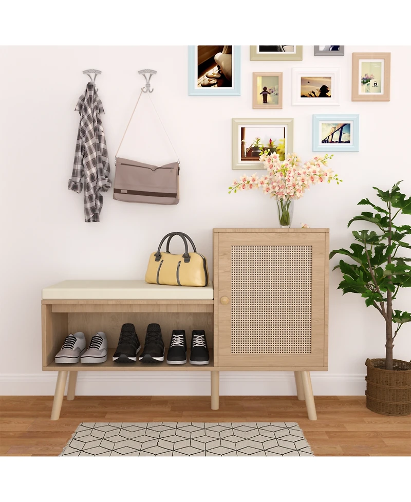 Streamdale 2-in-1 Shoe Bench with Cushion, Storage Shelves, and Natural Rattan