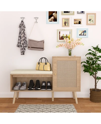 Streamdale 2-in-1 Shoe Bench with Cushion, Storage Shelves, and Natural Rattan