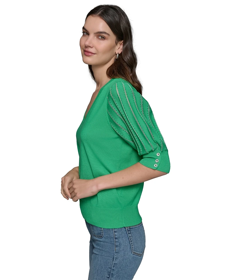 Karl Lagerfeld Paris Women's Puffed-Sleeve V-Neck Sweater