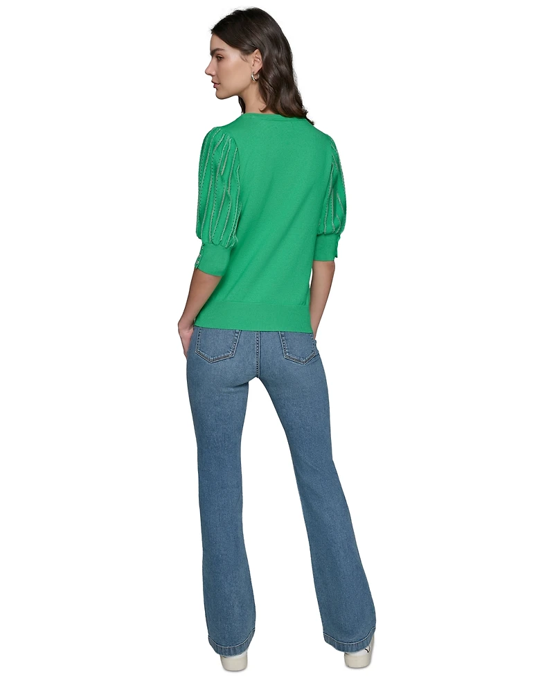 Karl Lagerfeld Paris Women's Puffed-Sleeve V-Neck Sweater