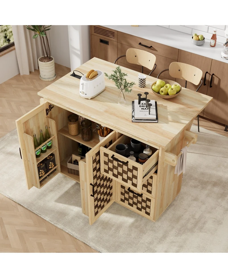 Streamdale 3D Woven Kitchen Island with Drop Leaf and Storage