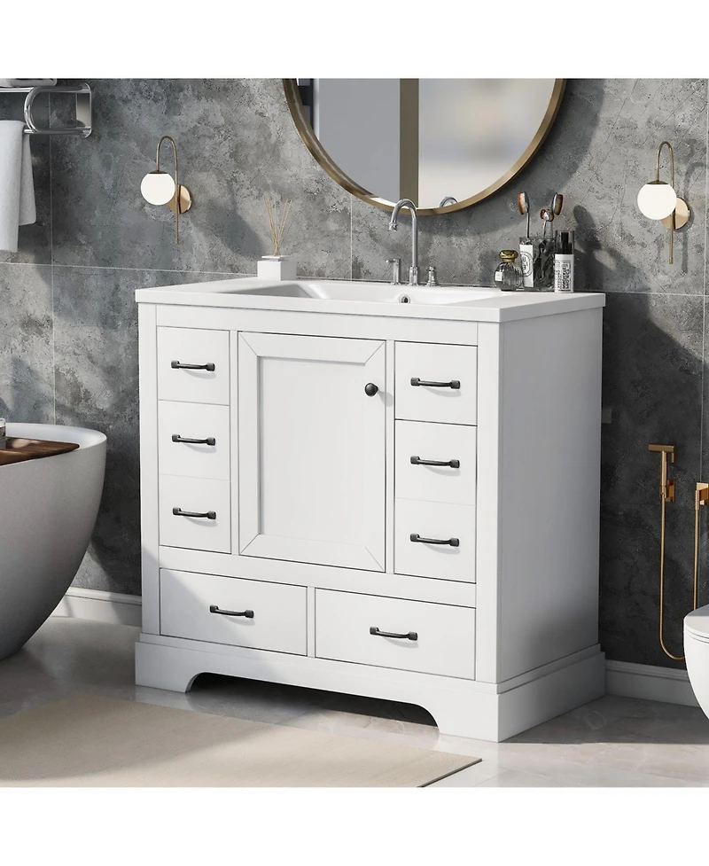 Streamdale 36" Bathroom Vanity with Sink Combo, Six Drawers, Multi-Functional Drawer Divider, Adjustable Shelf, White
