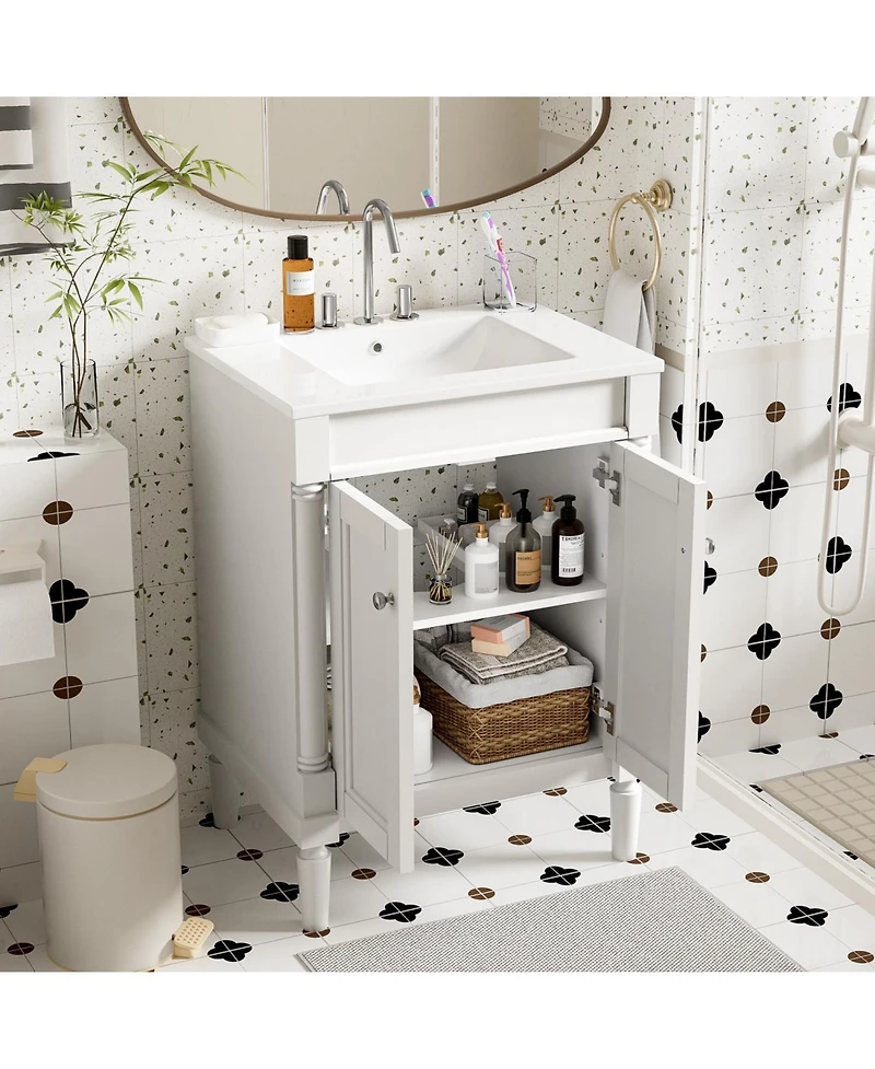 Streamdale Modern 24" Single Sink Bathroom Vanity Cabinet with Top Sink & Storage Shelves