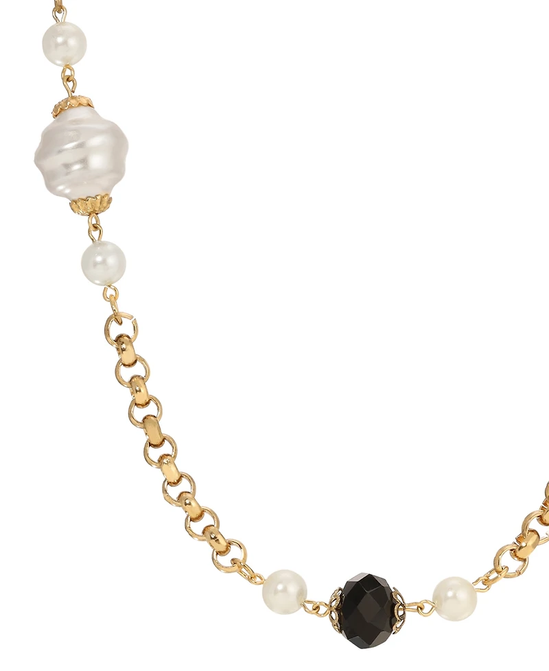 2028 Faux Cultivated Pearl Jet Bead Strand Necklace