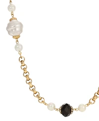 2028 Faux Cultivated Pearl Jet Bead Strand Necklace
