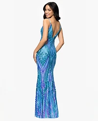 Blondie Nites Juniors' Sequin Notched-Neck Mermaid Gown