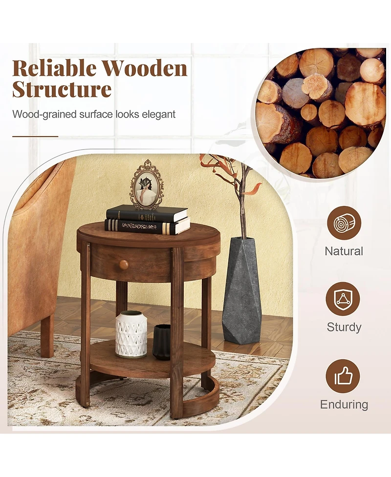 Gymax 2PCS Nightstand w/ Shelf & Wood Grains Drawer Round End Table for Living Room