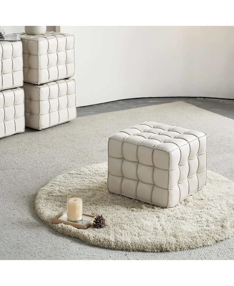 Streamdale 17.32"W Genuine Leather Tufted Ottoman,Footstool for Living Room & Bedroom,Beige Color