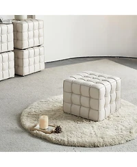 Streamdale 17.32"W Genuine Leather Tufted Ottoman,Footstool for Living Room & Bedroom,Beige Color