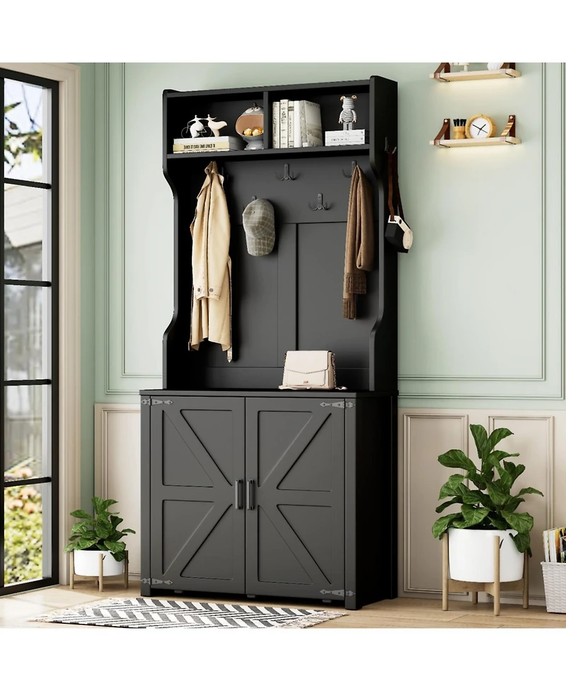 Streamdale 4-in-1 Farmhouse Hall Tree with Barn Doors, Movable Bench, Hooks, and Shoe Cabinet