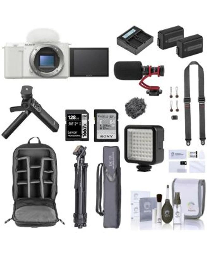 Sony Sony Zv E10 Mirrorless Vlog Camera White Bundle With Vlogger Accessory Kit 128gb Sd Card Backpack 2x Extra Battery Dual Charger Tripod Strap Mic Screen Protector Led Light Cleaning Kit