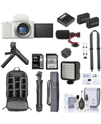 Sony Sony Zv E10 Mirrorless Vlog Camera White Bundle With Vlogger Accessory Kit 128gb Sd Card Backpack 2x Extra Battery Dual Charger Tripod Strap Mic Screen Protector Led Light Cleaning Kit