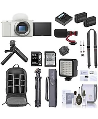 Sony Sony Zv E10 Mirrorless Vlog Camera White Bundle With Vlogger Accessory Kit 128gb Sd Card Backpack 2x Extra Battery Dual Charger Tripod Strap Mic Screen Protector Led Light Cleaning Kit