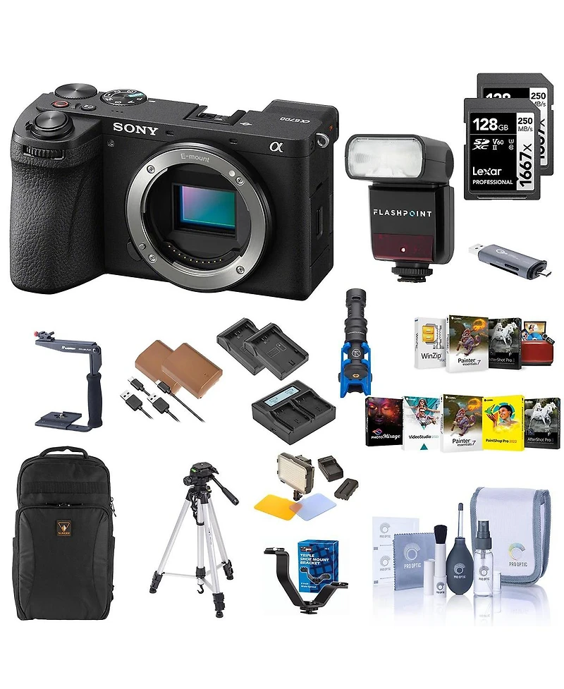 Sony Sony Alpha a6700 Mirrorless Camera Body Bundle with Backpack, 2x 128GB Sd Card, Card Reader, Corel Mac & Pc Software Kit, 2x Extra Battery, Charg