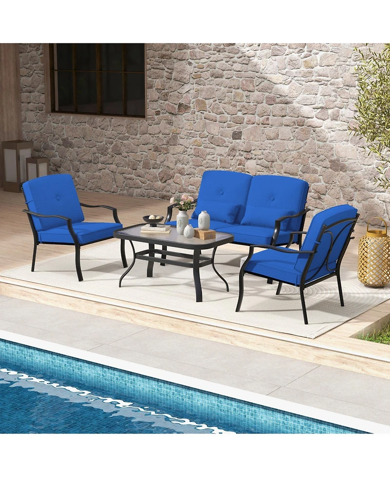 4 Pieces Outdoor Conversation Set with Seat Back Cushions and Waist Pillows