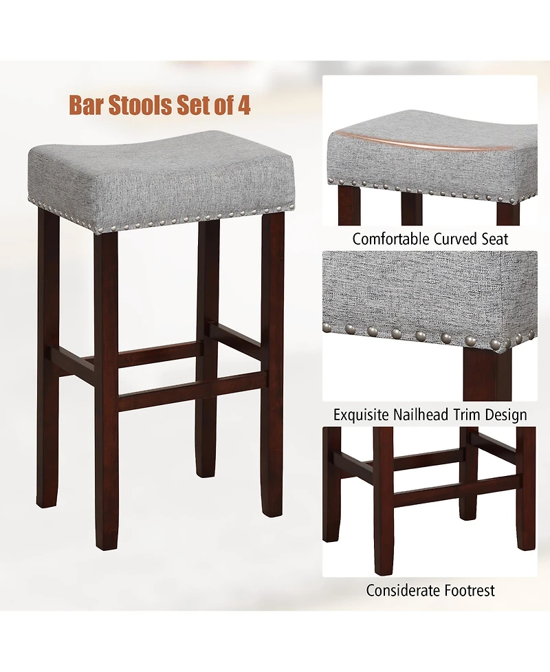Gymax Set of 4 Bar Stools Bar Height Saddle Kitchen Chairs w/ Wooden Legs