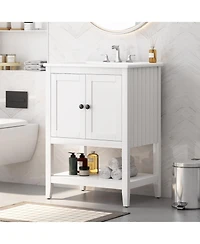 Streamdale 24" White Modern Sleek Bathroom Vanity Elegant Ceramic Sink with Solid Wood Frame Open Style Shelf