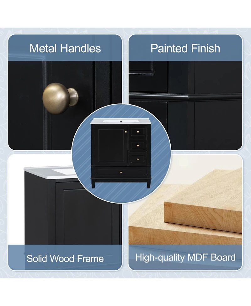 Streamdale 30" Bathroom Vanity with Sink, One Door with Shelf and Three Drawers, Soft Close Door, Black
