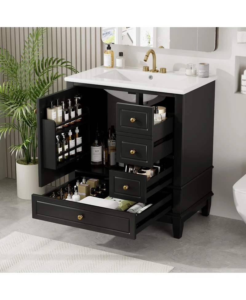 Streamdale 30" Bathroom Vanity with Sink, One Door with Shelf and Three Drawers, Soft Close Door, Black
