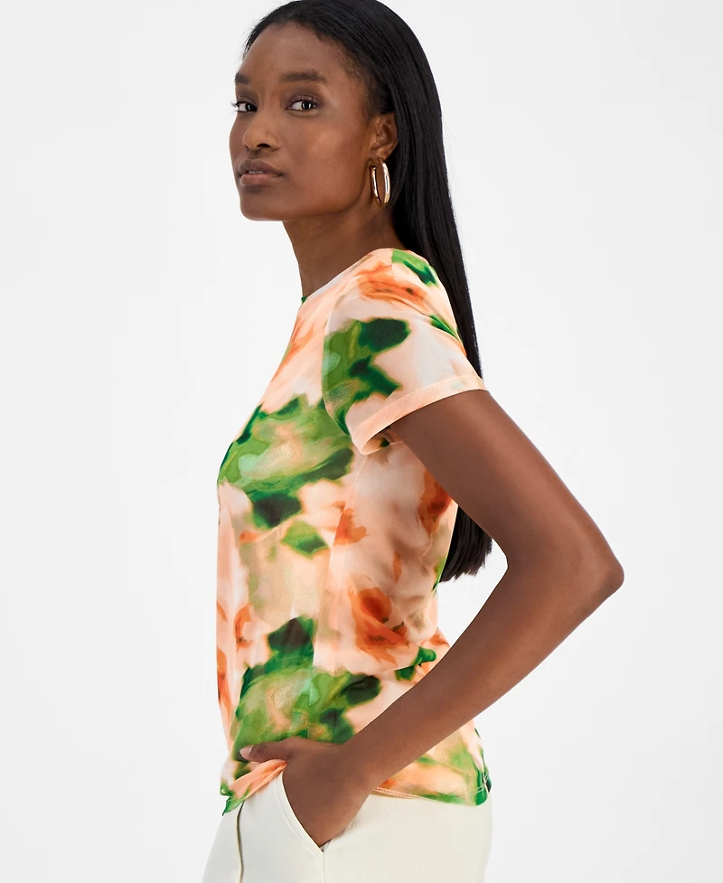 Bar Iii Women's Short-Sleeve Watercolor Mesh Top, Exclusively at Macy's