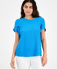 Ak Anne Klein Petite Textured Tulip-Sleeve Jewel-Neck Top