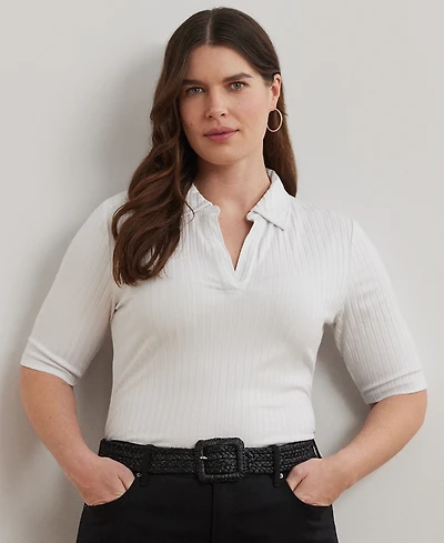 Lauren Ralph Plus Rib-Knit Elbow-Sleeve Polo Tee
