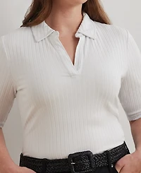 Lauren Ralph Plus Rib-Knit Elbow-Sleeve Polo Tee