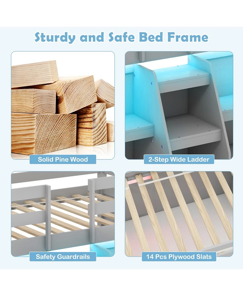 Twin Size Loft Bed with Led Lights with Staircase and Safety Guardrail
