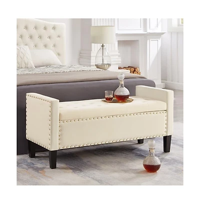 Upholstered Velvet Storage Bench with Nailhead Trim for Entryway, Bedroom & Living Room-The Pop Home