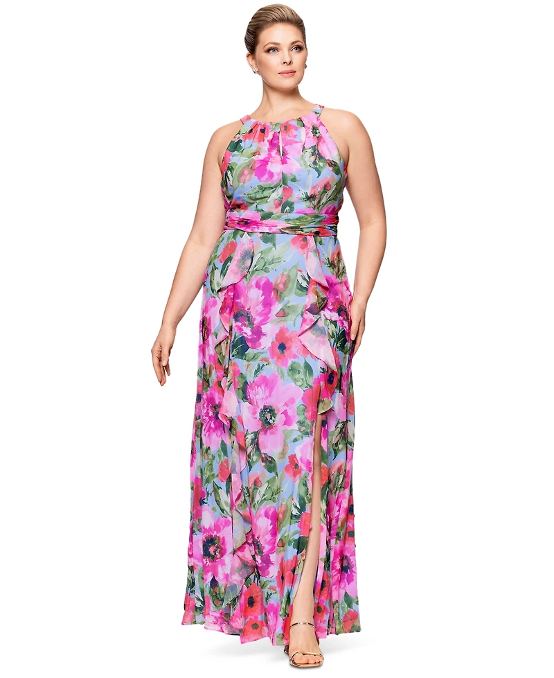 Xscape Plus Printed A-Line Ruffle-Skirt Dress