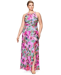 Xscape Plus Printed A-Line Ruffle-Skirt Dress