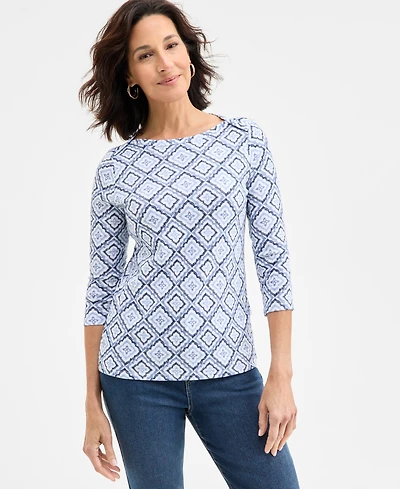 Style & Co Women's Printed Cotton 3/4-Sleeve Top, Exclusively at Macy's