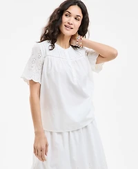 Style & Co Petite Cotton Embroidered Pleated-Yoke Short-Sleeve Top, Exclusively at Macy's