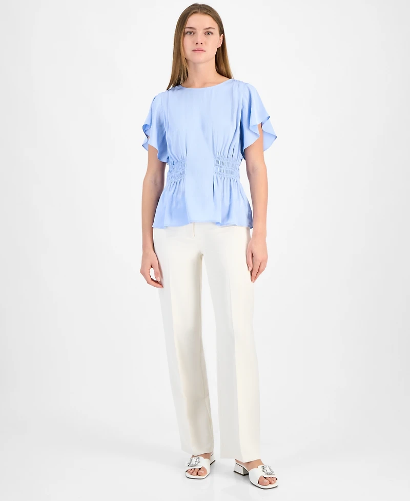 Anne Klein Petite Smocked-Waist Flutter Sleeve Top