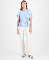 Anne Klein Petite Smocked-Waist Flutter Sleeve Top