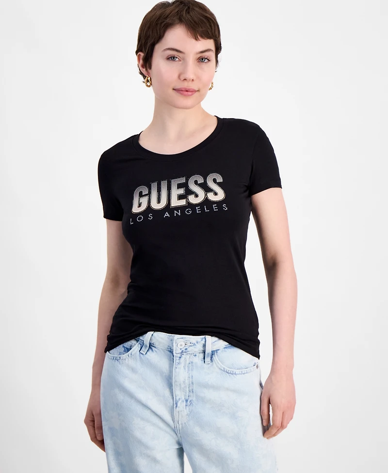 Guess Women's Glitter-Logo Short-Sleeve Crewneck Top