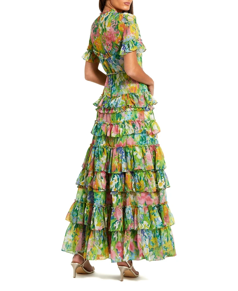 Mac Duggal Women's Floral Printed Chiffon Tiered Ruffle Gown