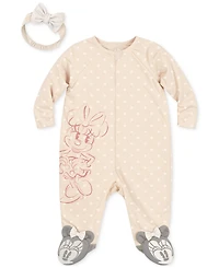 Disney Baby Girls Minnie Mouse Footed Coverall & Headband, 2 Piece Set