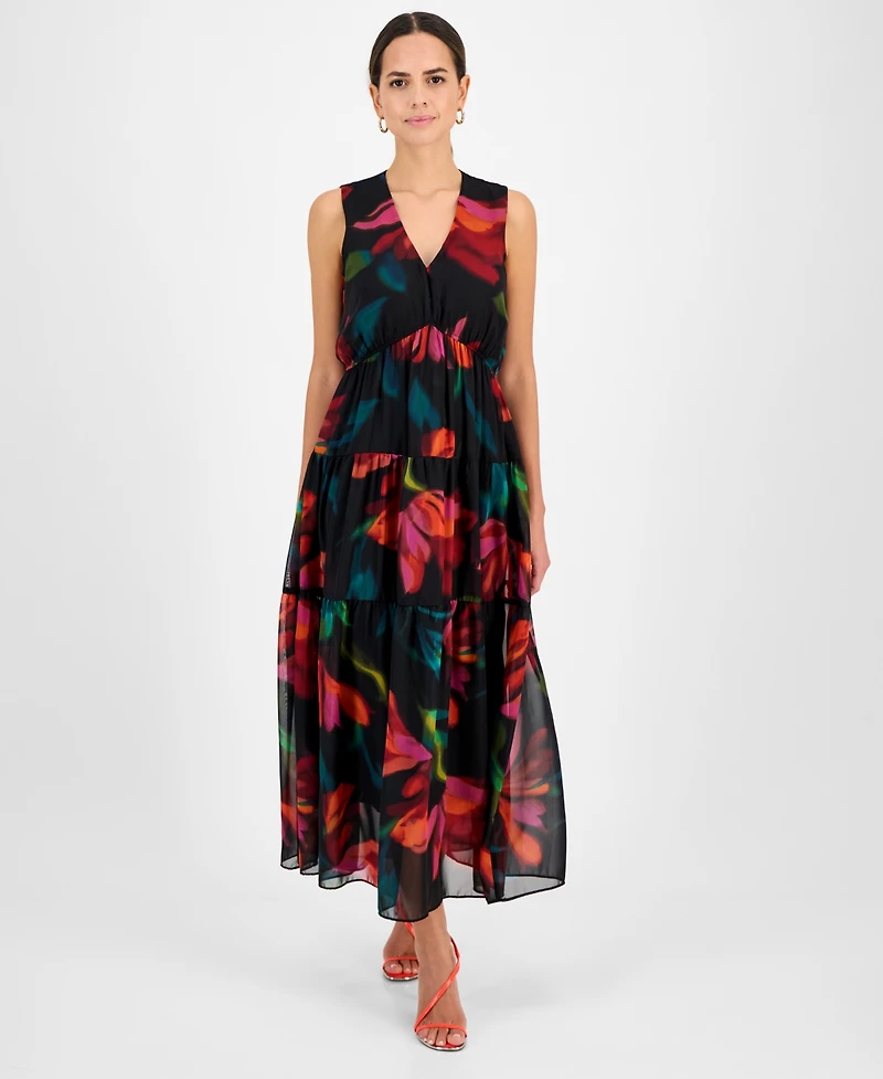 Robbie Bee Women's V-Neck Sleeveless Tiered Dress