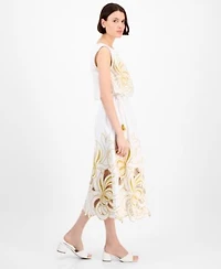 Avec Les Filles Womens Sleeveless Embroidered Drawstring Hem Top Embroidered Midi Skirt