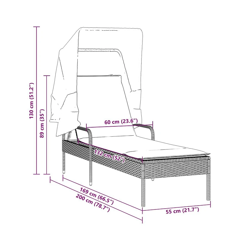 Sun Lounger with Canopy Gray Poly Rattan
