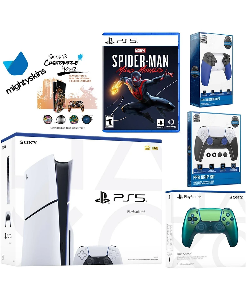Sony Playstation 5 Slim Disc Bundle with Spider-Man: Miles Morales, Extra Controller, Trigger Stop Kit, Fps Grip Kit and MightySkins Decal Voucher
