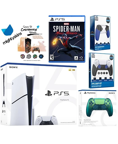 Sony Playstation 5 Slim Disc Bundle with Spider-Man: Miles Morales, Extra Controller, Trigger Stop Kit, Fps Grip Kit and MightySkins Decal Voucher