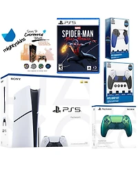 Sony Playstation 5 Slim Disc Bundle with Spider-Man: Miles Morales, Extra Controller, Trigger Stop Kit, Fps Grip Kit and MightySkins Decal Voucher