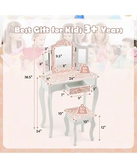 2-in-1 Kids Vanity Table Set with Tri-folding Mirror