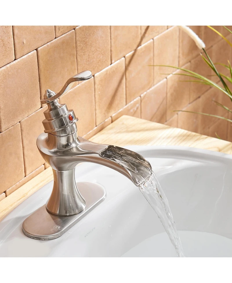 Waterfall Single Hole Single-Handle Low-Arc Bathroom Faucet With Pop-up Drain Assembly