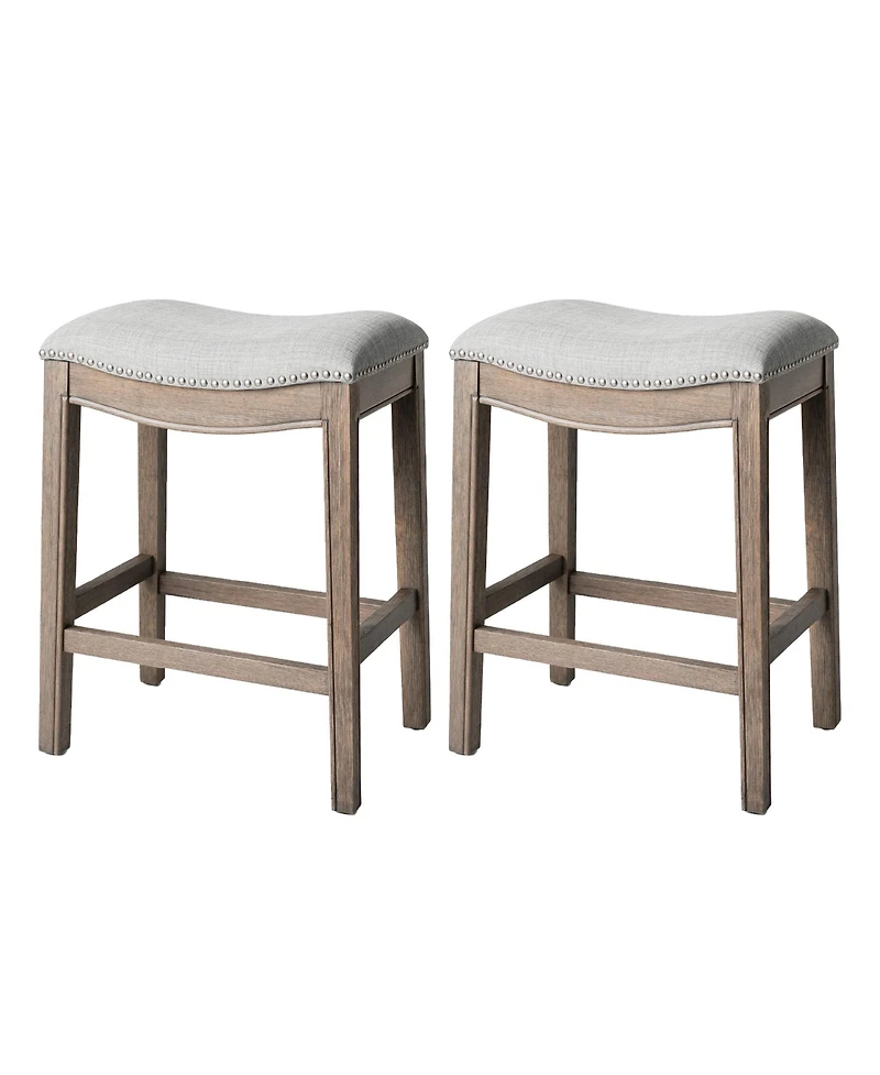 Maven Lane Adrien Saddle Counter Stool in Reclaimed Oak Finish with Ash Grey Fabric Upholstery, Set of 2