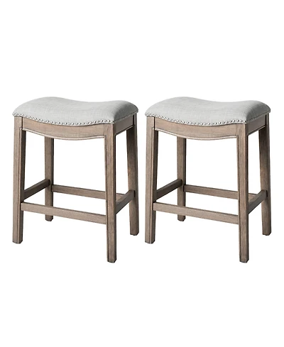 Maven Lane Adrien Saddle Counter Stool in Reclaimed Oak Finish with Ash Grey Fabric Upholstery, Set of 2