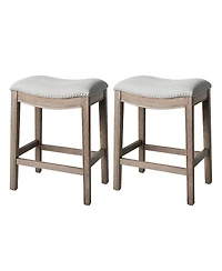 Maven Lane Adrien Saddle Counter Stool in Reclaimed Oak Finish with Ash Grey Fabric Upholstery, Set of 2